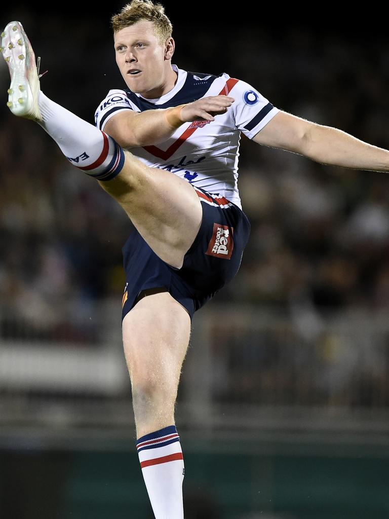 MACKAY, AUSTRALIA - SEPTEMBER 17: Drew Hutchison of the Roosters kicks the ball during the NRL Semi-Final match between the Manly Sea Eagles and the Sydney Roosters at BB Print Stadium on September 17, 2021 in Mackay, Australia. (Photo by Matt Roberts/Getty Images)