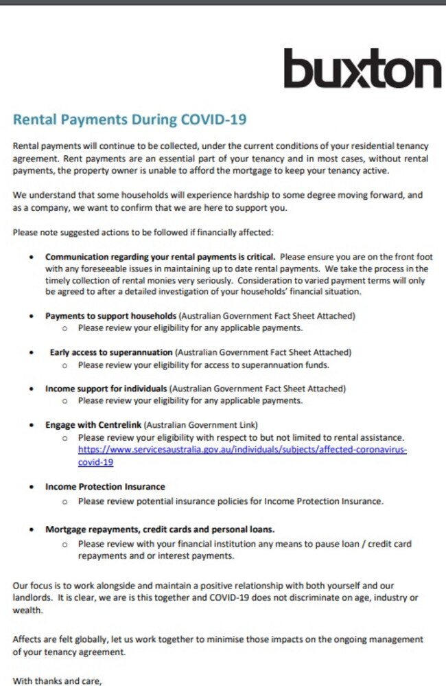 A letter sent from a Buxton Real Estate office to tenants. Picture: Supplied