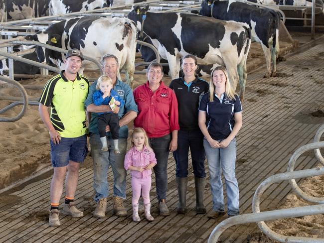 Mark and Kate Walpole run a massive 2000 cow dairy at Yalca with their adult children: Zena (28), Beau (26), Corey (24) and Matyka (22). Picture: Zoe Phillips