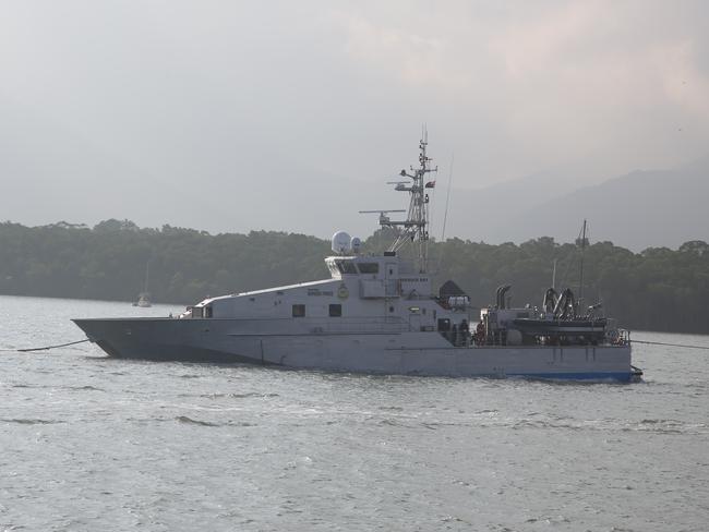The Australian Border Force patrol boat, Roebuck Bay that crashed into the Great Barrier Reef near Lockhart River, was towed back into Cairns this morning. PHOTO: TONI CALDWELL