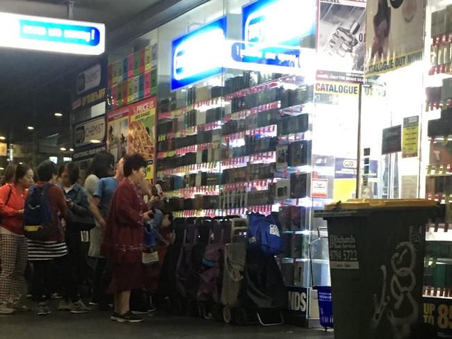 The call comes as demand continues to grow from parents in China who are desperate for the formula. People queued at this My Chemist store in Melbourne last month before it opened to buy formula in bulk. Picture: Supplied