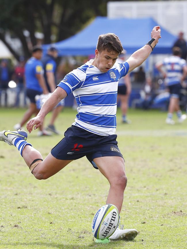 Action from the GPS first XV rugby match between Nudgee College and Toowoomba Grammar School. Nudgee College’s Maddox MacLean kicks at goal. Photo:Tertius Pickard