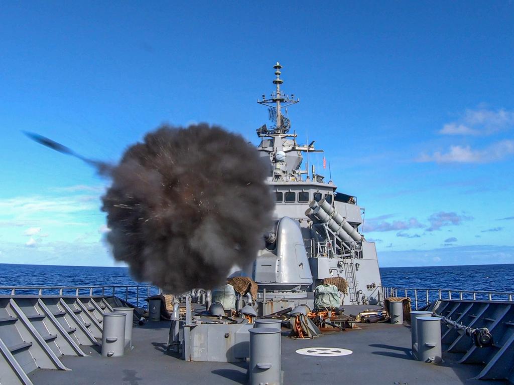 HMAS Stuart conducts a live firing exercise during Exercise Rim of the Pacific 2020 off the coast of Hawaii.