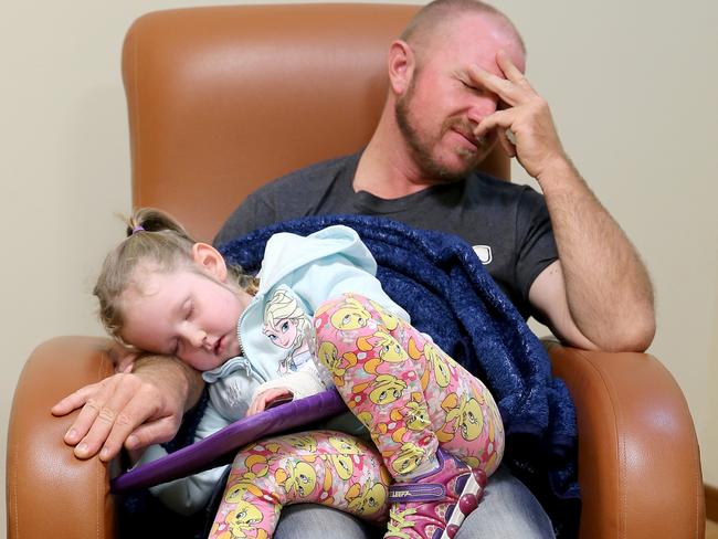 Australian girl Annabelle Potts with her father Adam at the OCA Hospital in Monterrey Mexico to undergo scans on her brain tumour. Picture: Nathan Edwards