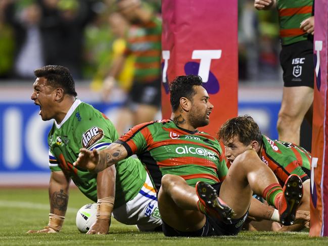 Josh Papalii of the Raiders celebrates after scoring a try during the NRL Preliminary Final match between the Canberra Raiders and South Sydney Rabbitohs at GIO Stadium in Canberra, Friday, September 27, 2019. (AAP Image/Lukas Coch) NO ARCHIVING, EDITORIAL USE ONLY