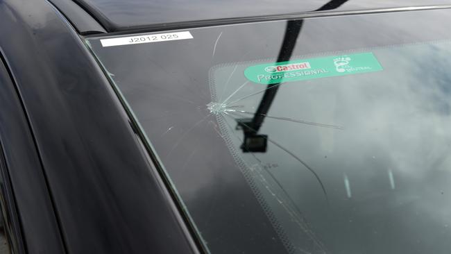 Crack in a windscreen caused by yesterday’s hailstorm on a car at Peter Kittle Toyota at Para Hills West. Picture: Michael Marschall