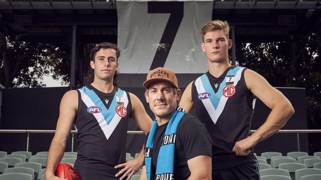 Port Adelaide debutants, Josh Sinn and Sam Skinner with Brett Ebert ahead of Saturday night’s Russell Ebert tribute match at Adelaide Oval. Picture: Matt Loxton