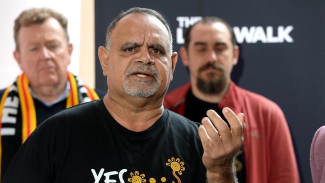 Michael Long began his 650km walk at noon on Sunday, setting off from the Melbourne Town Hall. Picture: NCA NewsWire / Andrew Henshaw