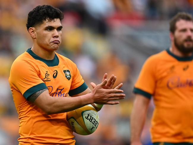 Noah Lolesio of the Wallabies reacts during The Rugby Championship match between the Wallabies and South Africa. Picture: Morgan Hancock/Getty Images