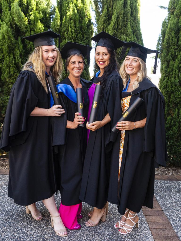 Bachelor of Nursing graduates (from left) Stacey Spencer, Natasha May, Wenonah Byrne and Sarah Atkinson at the UniSQ graduation ceremony at Empire Theatres, Wednesday, December 14, 2022.