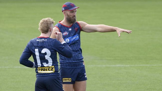 Max Gawn is in Clayton Oliver’s corner. Picture: Andrew Henshaw