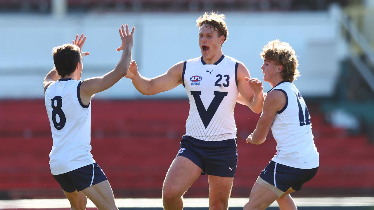 George Stevens celebrates his goal against South Australia. Picture: Graham Denholm/AFL Photos via Getty Images