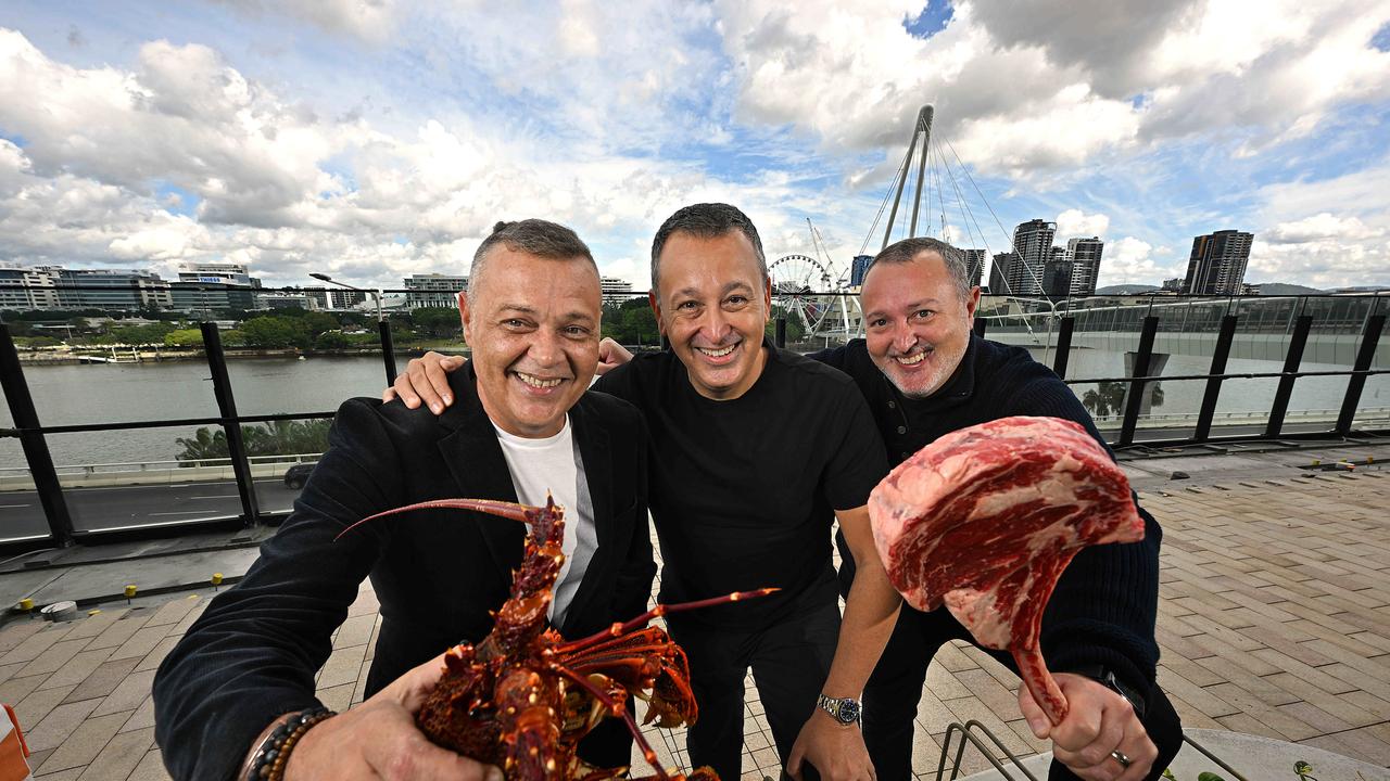 The Gambaro brothers (L-R) Donny, John and Frank, outside their new restaurant Black Hide Steak and Seafood at the Star. Picture: Lyndon Mechielsen/The Courier-Mail