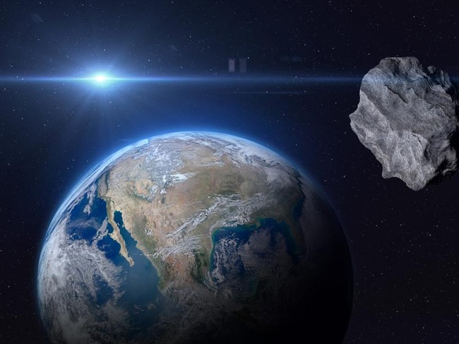 Planet Earth and big asteroid in the space. Concept a potentially hazardous object (PHO). Potentially hazardous asteroids (PHAs). Asteroid in outer space near Earth planet. Stony-iron meteorite is solar system. Elements of this image furnished by NASA. ______ Url(s): "https://www.nasa.gov/multimedia/imagegallery/image_feature_2159.html" Software: Adobe Photoshop CC 2015. Knoll light factory. Adobe After Effects CC 2017. 3ds Max 2016.