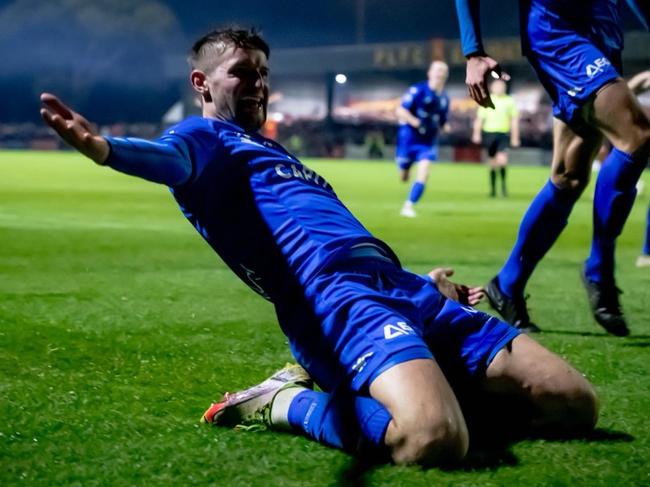 Andy Brennan celebrates a goal for South Melbourne. Picture: Luke Radzminiski