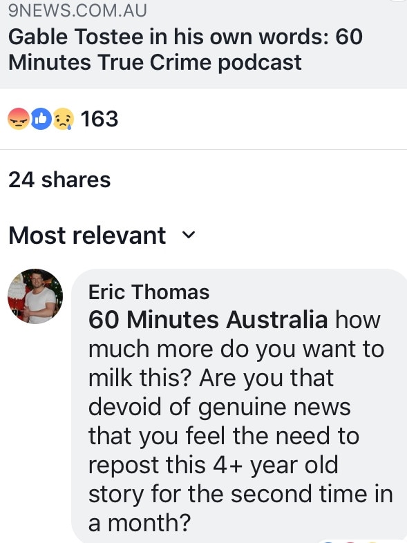 A screenshot of a rant by Eric Thomas, formerly known as Gable Tostee, on Facebook this week. Picture: Facebook/60 Minutes Australia