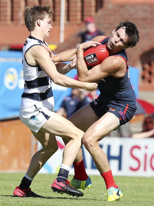 Lewis Johnson tries to break free. Picture: Sarah Reed