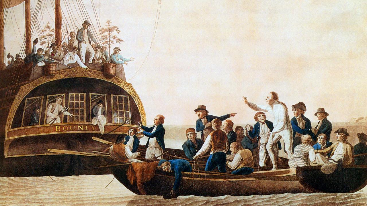 The Mutiny on the Bounty was a mutiny aboard the Royal Navy ship HMS Bounty on 28 April 1789. To avoid detection and prevent desertion, the mutineers then variously settled on Pitcairn Island or on Tahiti and burned Bounty off Pitcairn. Picture: Alamy