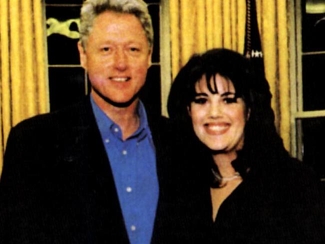 USA politician President Bill Clinton (l) with former White House intern involved in sex scandal Monica Lewinsky (r) in the Oval office in photograph given by the President to her as a birthday gift 23 Jul 1997.