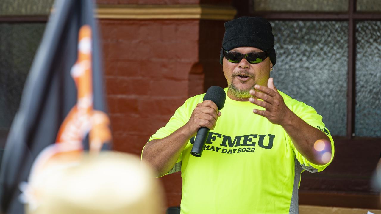 CFMEU member Shannon Bauwens gives a Welcome to Country before the Labour Day 2022 Toowoomba march, Saturday, April 30, 2022. Picture: Kevin Farmer