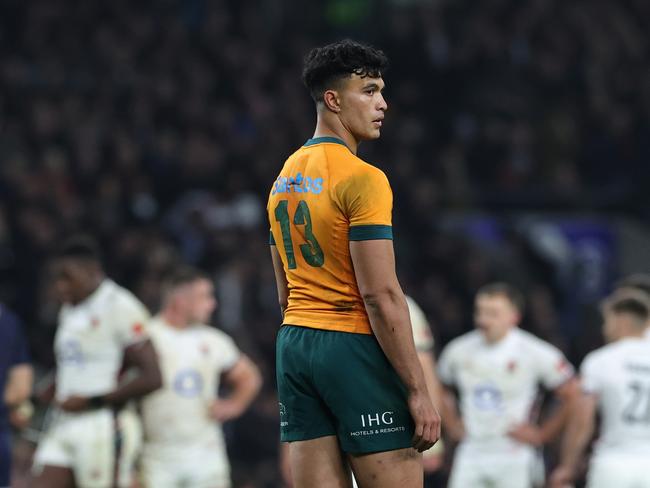 LONDON, ENGLAND - NOVEMBER 09: Joseph-Aukuso Suaalii of Australia looks on during the Autumn Nations Series 2025 match between England and Australia at Allianz Stadium on November 09, 2024 in London, England. (Photo by David Rogers/Getty Images)