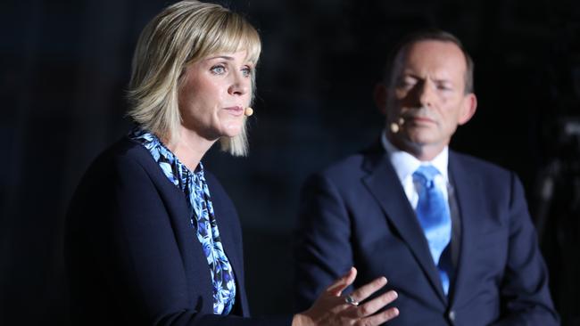 Tony Abbott and Zali Steggall locked horns at the Sky News/Manly Daily debate at Queenscliff Surf Club. Picture: Damian Shaw/ NEWS CORP AUSTRALIA