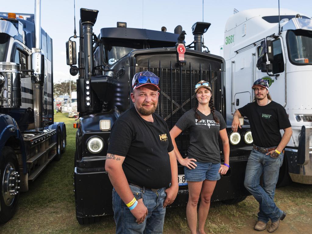 At Lights on the Hill Trucking Memorial are (from left) Mitchell Keogh, Rachel Baker and Lachlan Christenson at Gatton Showgrounds, Saturday, October 5, 2024. Picture: Kevin Farmer