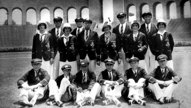 The Australian Olympic Team for the Los Angeles Games in 1932. Back row L-R Andrew 'Boy' Charlton, Eddie Scarf, George Golding, Harry 'Bob' Pearce. Centre row L-R Clare Dennis, Eileen Wearne, James Eve [Manager], Mary Chantell [Chaperone], Philomena Mealing, Frances Bult. Front row L-R ER Terry [Masseur] Alex Hillhouse, William Barwick, Edgar 'Dunc' Gray, Noel Ryan, Edwin Gee [Masseur] Athletics Cycling Rowing Swimming Australia's First Century Historical