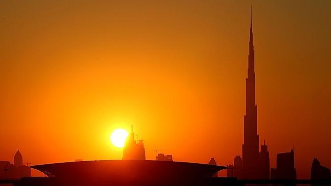 The world’s tallest tower, is silhouetted at sunset. Picture: AFP