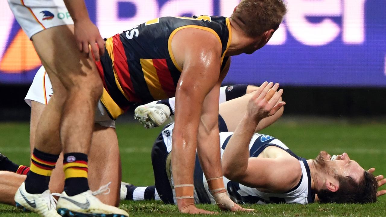 Patrick Dangerfield of the Cats injured his hip in crunching clash.