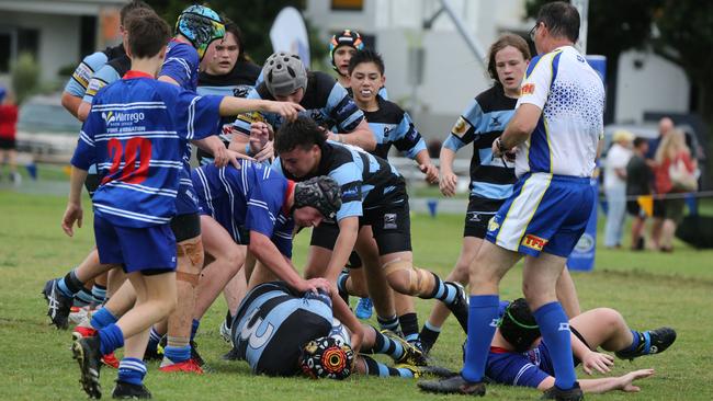 Day 1 of the King of the Country junior rugby union tournament at the Gold Coast Eagles Rugby Union Club.Maroochydore Swans (BLUE AND BLACK) vs USQ Saints (Blue ) Maroochydore Player No USQ Player No Pic Mike Batterham