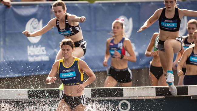 Steeplechase U18 winner Lucie Francis from Hills District. Pics by Julian Andrews.