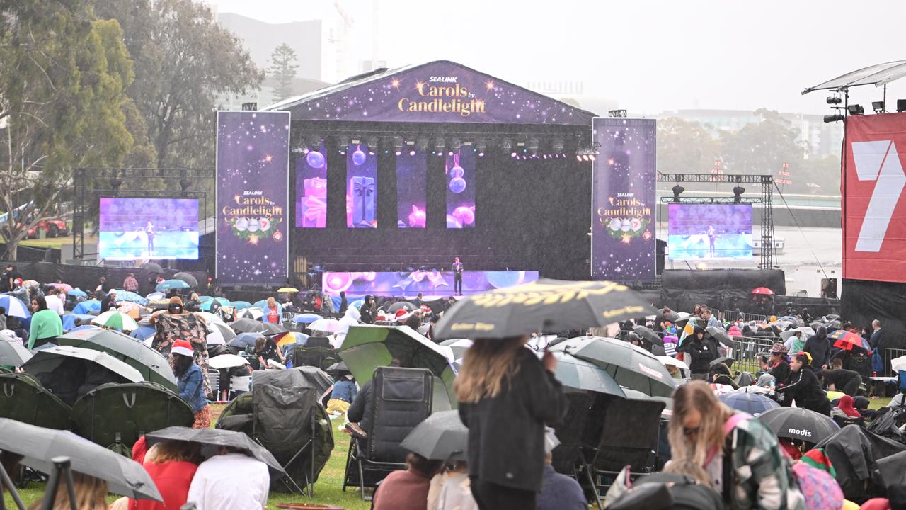 Rain at the Sealink Carols By Candlelight in Elder Park in 2022. This year’s main carols event is still going ahead at this stage. Picture: The Advertiser/ Morgan Sette