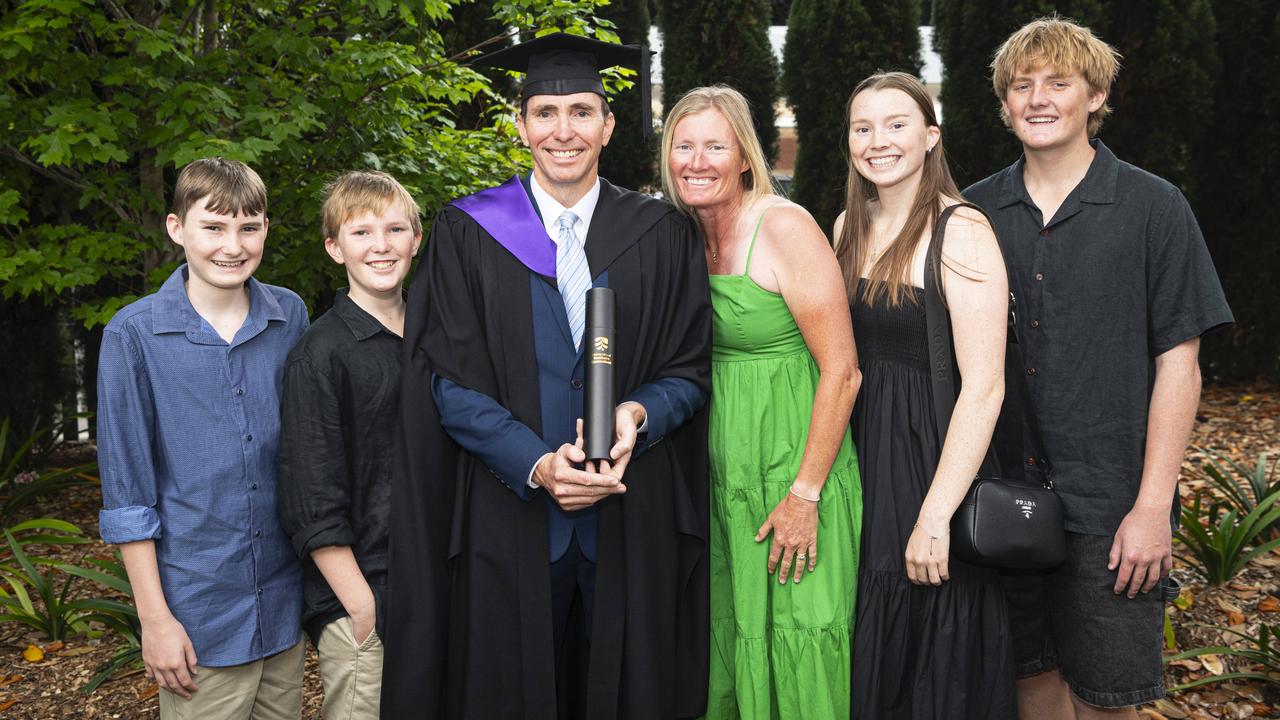 Juris Doctor graduate Deon List with family (from left) Noah, Gus, Katrina, Asher and Samson List at a UniSQ graduation ceremony at The Empire, Wednesday, October 30, 2024. Picture: Kevin Farmer