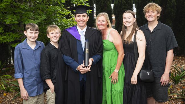 Juris Doctor graduate Deon List with family (from left) Noah, Gus, Katrina, Asher and Samson List at a UniSQ graduation ceremony at The Empire, Wednesday, October 30, 2024. Picture: Kevin Farmer