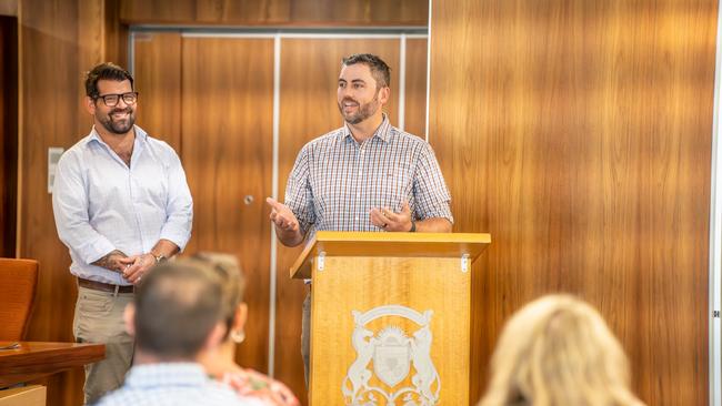 May Matt Paterson watches Chris Daffy speak after he was appointed councillor at Alice Springs Town Council at the end of October, 2024.