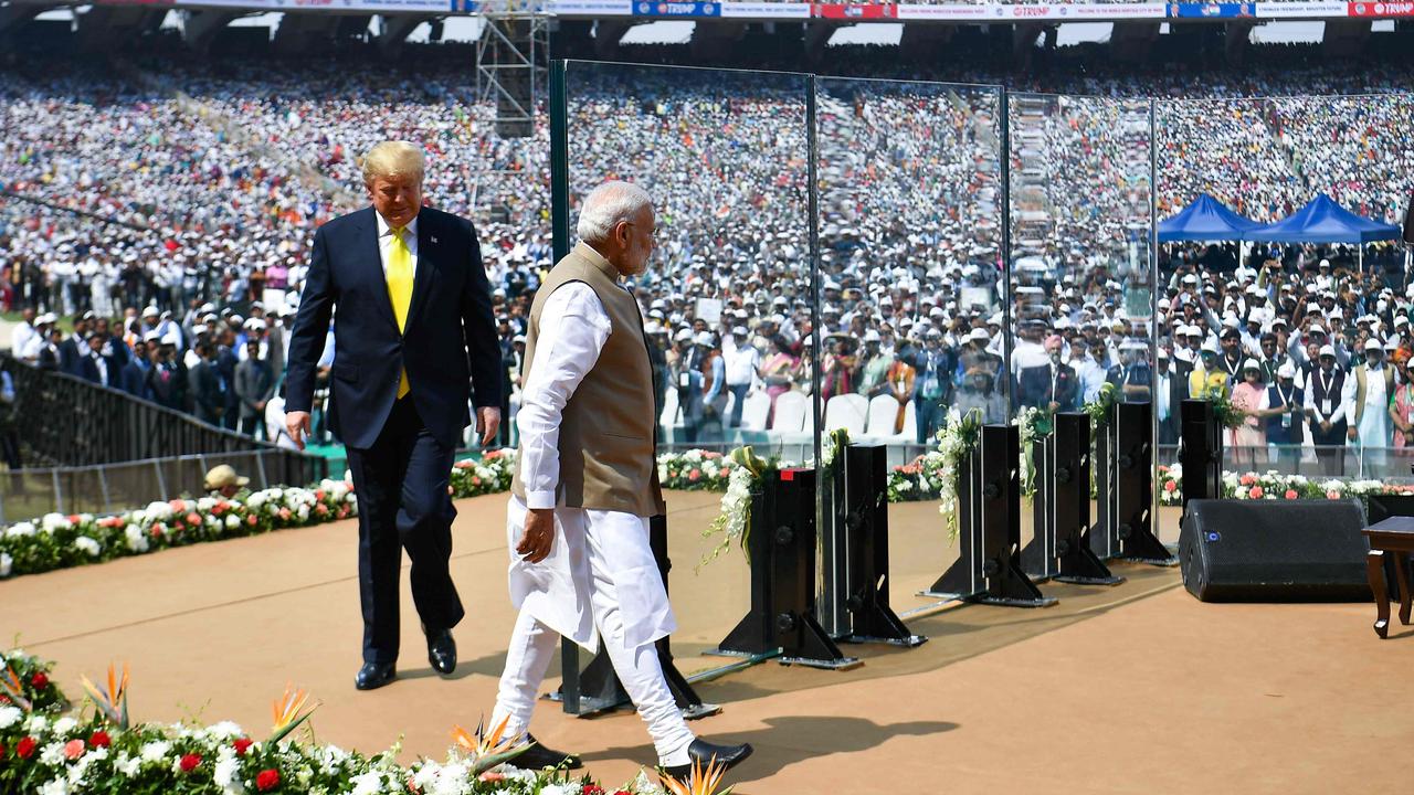 When he visited earlier this year, India threw US President Donald Trump a ‘Namaste Trump’ rally at Sardar Patel Stadium in Motera on the outskirts of Ahmedabad. Some 100,000 people attended. Picture: AFP