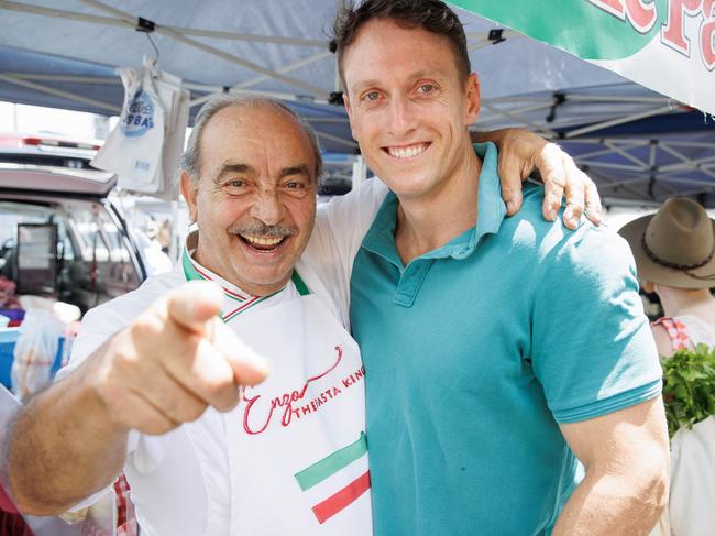 Enzo the Pasta King and Mark Power at Milton markets. Picture: Lachie Millard