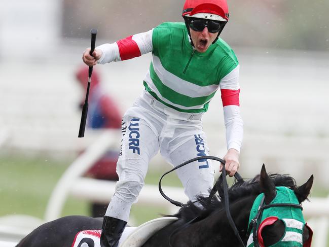 Will this victory gesture disappear? Damian Lane raises his whip as Mer De Glace takes out the Caulfield Cup.