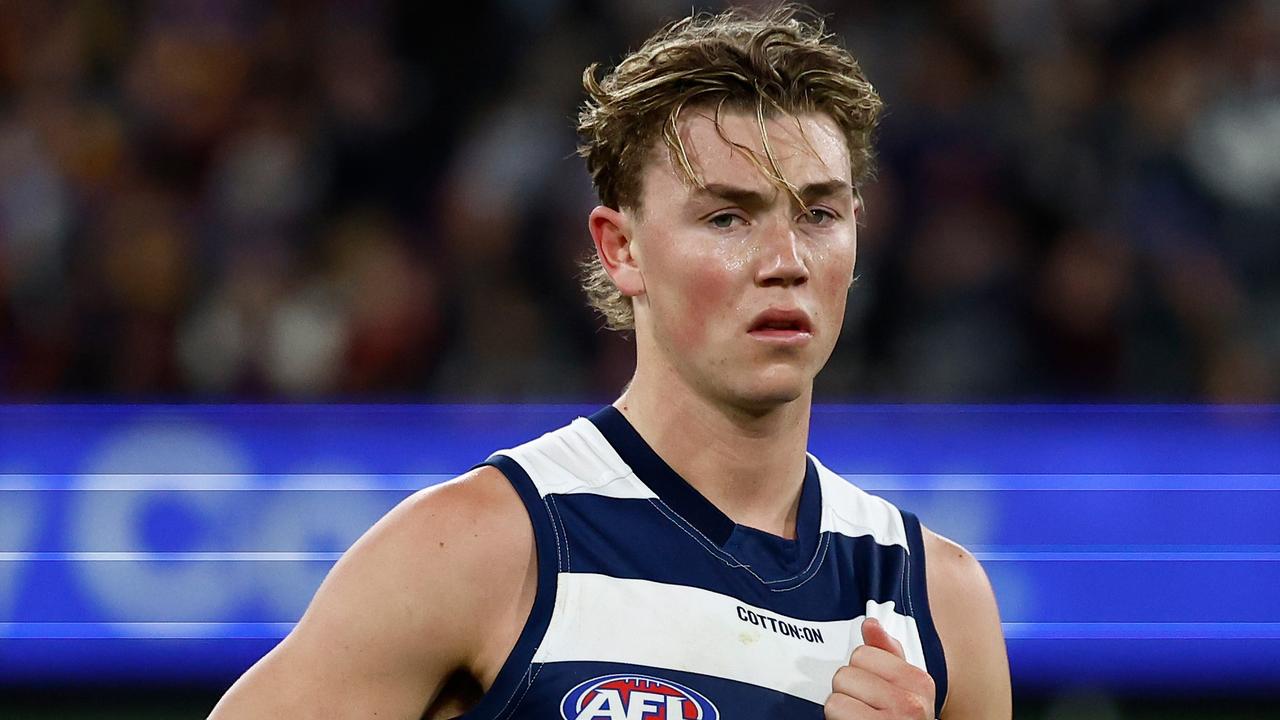 MELBOURNE, AUSTRALIA - SEPTEMBER 21: Tanner Bruhn of the Cats looks dejected after a loss during the 2024 AFL Second Preliminary Final match between the Geelong Cats and the Brisbane Lions at The Melbourne Cricket Ground on September 21, 2024 in Melbourne, Australia. (Photo by Michael Willson/AFL Photos via Getty Images)