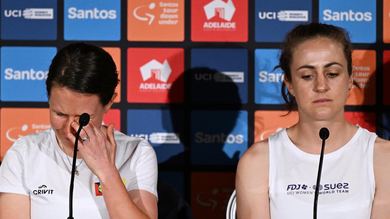 SYDNEY, AUSTRALIA - JANUARY 11: (L-R) Amanda Spratt of Australia and Team Lidl - Trek and Grace Brown of Australia and Team FDJ - SUEZ emotional in memory of Melissa Hoskins-Dennis, who died in a car accident last week; during the 8th Santos Women's Tour Down Under 2024 Ã¢â&#130;¬â&#128;&#156; Top Riders Press Conference / #UCIWWT / on January 11, 2024 in Sydney, Australia. (Photo by Tim de Waele/Getty Images)