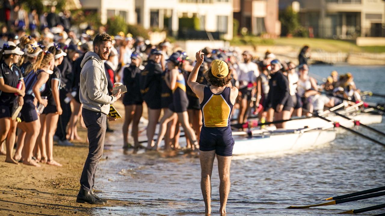 A shorter version of the Head Of The River regatta at West Lakes went ahead on Monday. Picture: AAP / Mike Burton