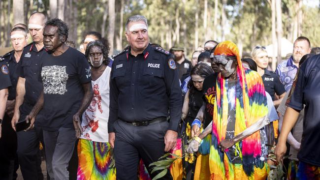 NT Police Commissioner Michael Murphy delivers an apology to First Nations people at Garma. He pledges to eliminate racism and is determined to improve relations between police and First Nations people. Picture: Teagan Glenane/YYF