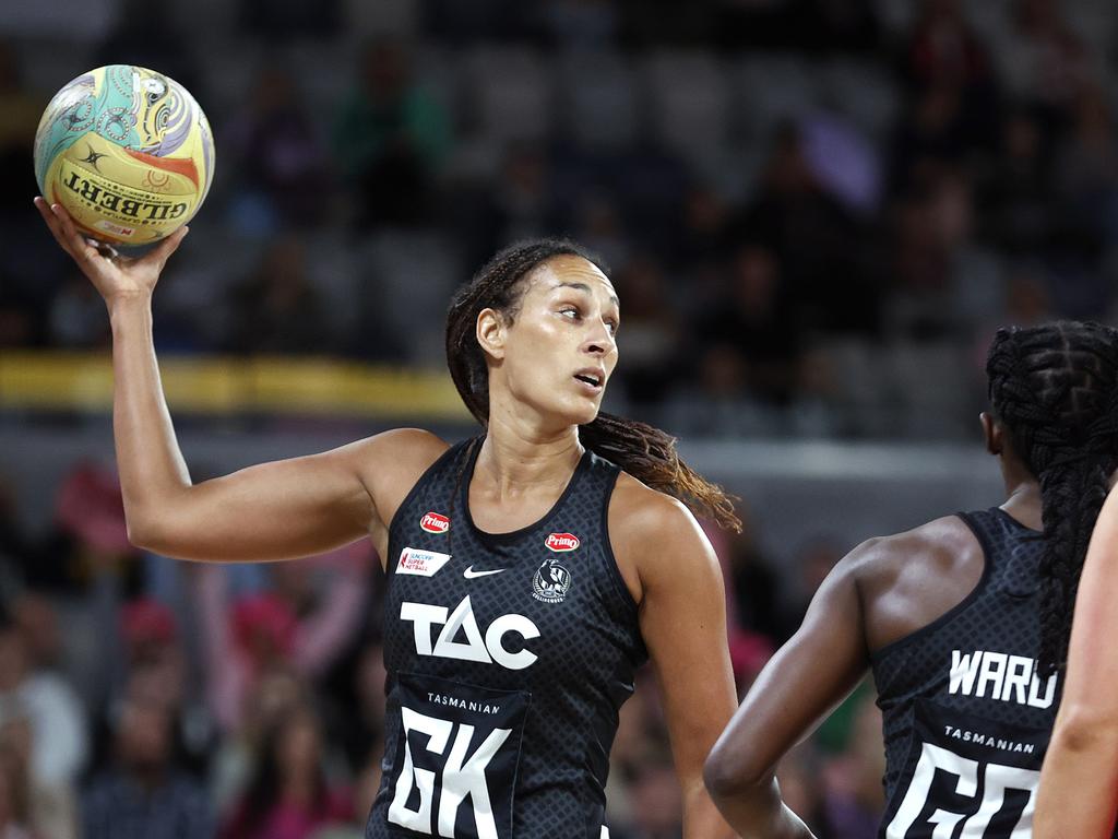 Collingwood’s defence led by Geva Mentor was able to keep the Thunderbirds’ stars relatively quiet. Picture: Kelly Defina/Getty Images