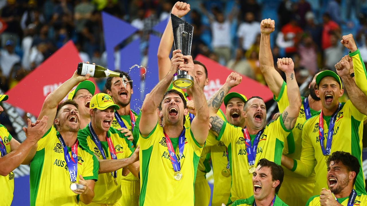 Mitch Marsh lifts the T20 World Cup trophy. Picture: Alex Davidson/Getty Images