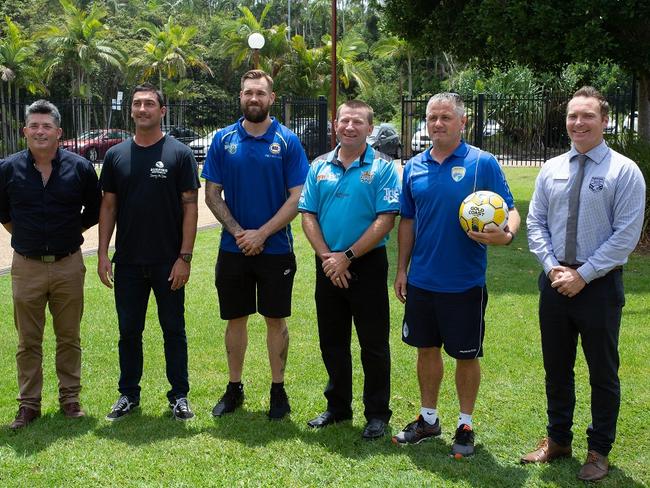 Ballina Coast High School Targeted Sports Program coordinator Justin Stewart, Surfing Australia's Michael Crisp, Brisbane Bullets' Jeremy Kandle, Gold Coast Titans' Jamie McCormack, Gold Coast United technical director Craig Midgley and Ballina Coast High School deputy principal John Gollan.