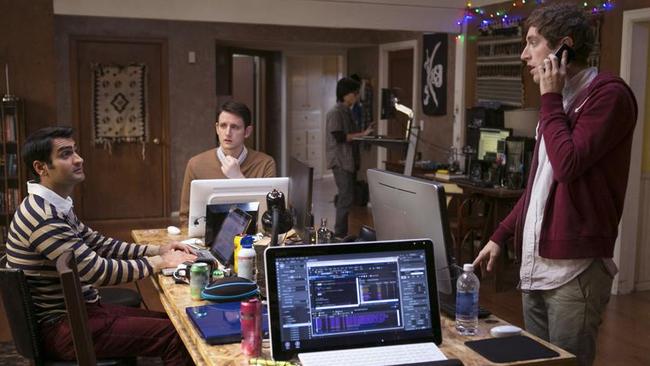 Nanjiani (right) with co-stars Zach Woods and Thomas Middleditch in Silicon Valley. The HBO comedy will next year air its fifth season. Picture: Jaimie Trueblood/HBO/Foxtel