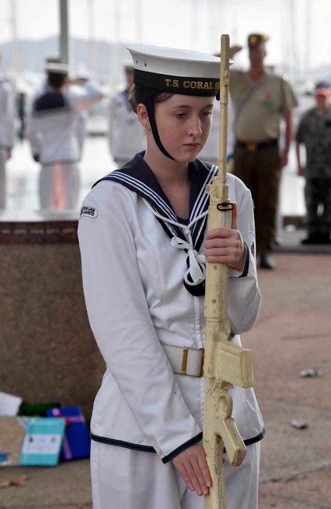 Dawn Service at Anzac Park for 83rd commemoration of Battle of Coral Sea. Part of the catafalque party from TS Coral Sea. Picture: Evan Morgan