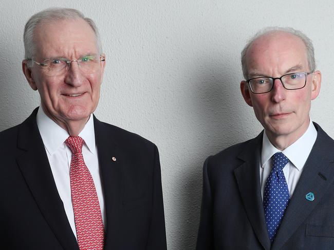 12/5/23: QBE CEO Andrew Horton (right) and Chairman Michael Wilkins at their AGM in Sydney. John Feder/The Australian.