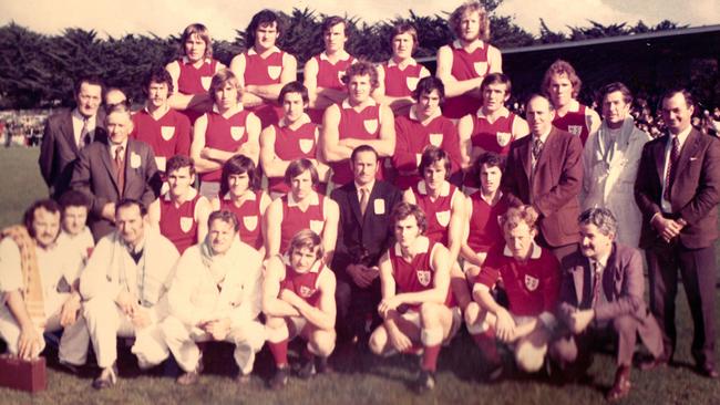 North Central 1974 country champions. Back: Kevin Adams, Chris Brown, Barry Gniel, Russell Evans, Jim Jess. Second row: Merv Young (Mallee president), Bill Anderson and Norm Michael (selectors), Keith Rayner, Ron Green, John Forster, Murray Gilmour, Jeff Connelly, Hugh Delahunty, Allan Dunstan (North Central president), Des Hindson, Eddie Gniel (trainer), Vince McNicol (chairman of selectors). Seated: John White, Bob Latta, Maurie Wood (captain), Frank Tuck (coach), Leon Grose (vice-captain), John Vallance. Front: Murray Broughton (trainer), Leo Casey (runner), Lindsay Wood and Allan Stewart (trainers), Kevin Sait, Allan Wills, Greg Robertson, Des Darcy (North Central secretary). Picture: Supplied